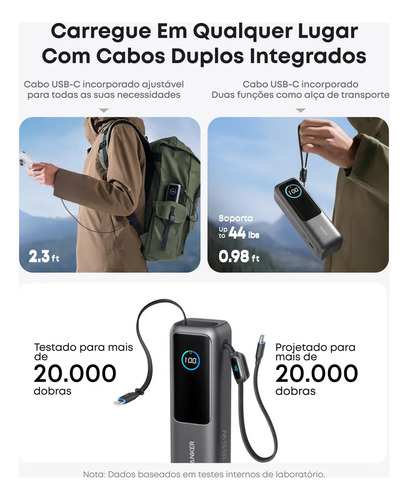 Carregador Portátil Power Bank Anker 25000mAh 165W Cor Preto Carga Turbo Rápida com 4 Portas e 2 Cabos USB-C Integrados, Tela Digital Compatível com Notebook, MacBook, iPhone, Samsung e AirPods