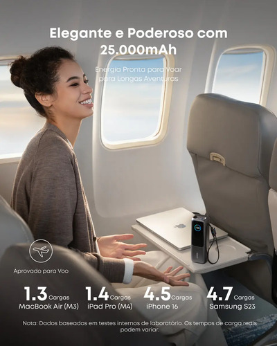 Carregador Portátil Power Bank Anker 25000mAh 165W Cor Preto Carga Turbo Rápida com 4 Portas e 2 Cabos USB-C Integrados, Tela Digital Compatível com Notebook, MacBook, iPhone, Samsung e AirPods