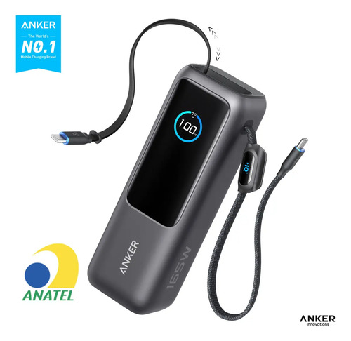 Carregador Portátil Power Bank Anker 25000mAh 165W Cor Preto Carga Turbo Rápida com 4 Portas e 2 Cabos USB-C Integrados, Tela Digital Compatível com Notebook, MacBook, iPhone, Samsung e AirPods