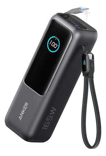 Carregador Portátil Power Bank Anker 25000mAh 165W Cor Preto Carga Turbo Rápida com 4 Portas e 2 Cabos USB-C Integrados, Tela Digital Compatível com Notebook, MacBook, iPhone, Samsung e AirPods