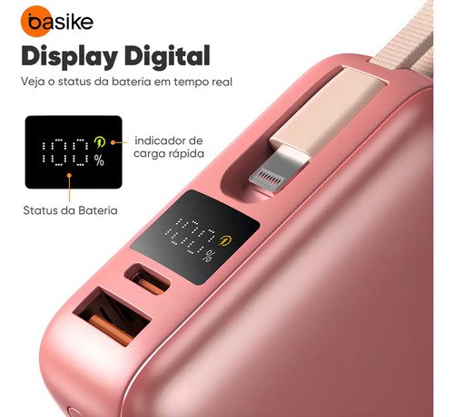 Carregador Portátil Power Bank Basike 20000mAh 22.5W Rápido Cabos Embutidos Tipo C iPhone Samsung