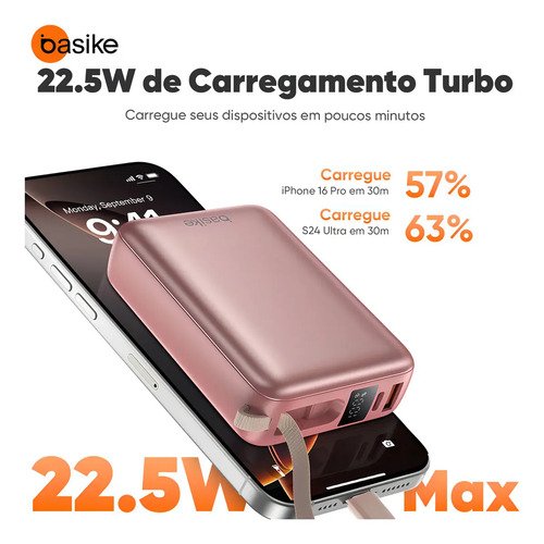 Carregador Portátil Power Bank Basike 20000mAh 22.5W Rápido Cabos Embutidos Tipo C iPhone Samsung