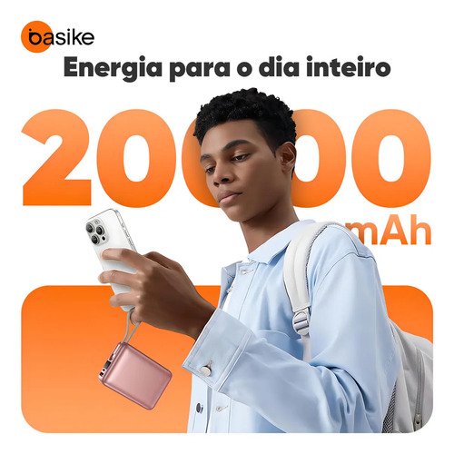 Carregador Portátil Power Bank Basike 20000mAh 22.5W Rápido Cabos Embutidos Tipo C iPhone Samsung