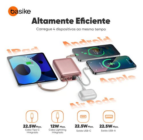Carregador Portátil Power Bank Basike 20000mAh 22.5W Rápido Cabos Embutidos Tipo C iPhone Samsung