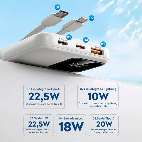 Carregador Portátil Power Bank Turbo 20000mah universal para iphone samsung motorola xiaomi 20w Com Display Digital DTimp