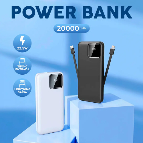 Carregador Portátil Power Bank Turbo 20000mah Universal Para iPhone Samsung Motorola Xiaomi 20w Com Display Digital Cor Branco Dtimp