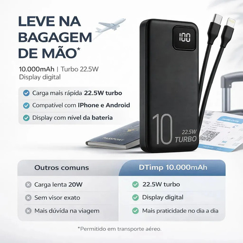 Carregador Portátil Power Bank Turbo voo transporte aéreo 10000mah Universal Para iPhone Samsung Motorlola Xiaomi 22.5w Com Display Digital Dtimp