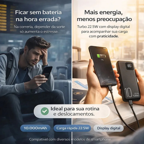 Carregador Portátil Power Bank Turbo voo transporte aéreo 10000mah Universal Para iPhone Samsung Motorlola Xiaomi 22.5w Com Display Digital Dtimp