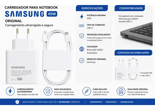 Carregador Samsung Chromebook 4 E Galaxy Book 2 45w Original