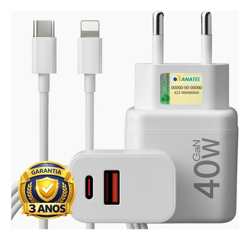 Carregador turbo 40w compativel com iphone 8 x xr 11 12 13 1