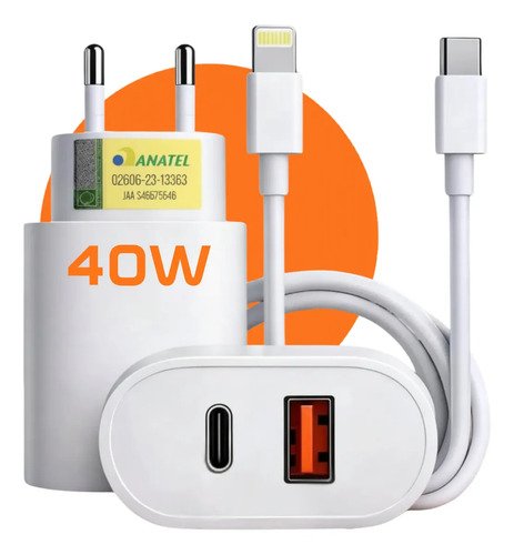 Carregador turbo 40w para iphone 11 12 13 14 pro max usb bra