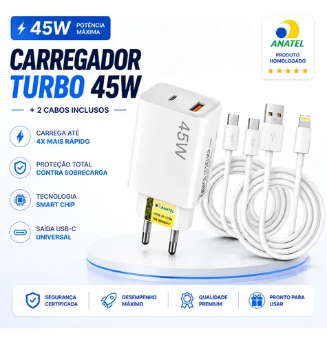 Carregador Turbo 45w Para Xiaomi Poco X7 Redmi Tipoc iPhone