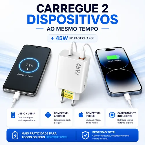 Carregador Turbo 45w Para Xiaomi Poco X7 Redmi Tipoc iPhone