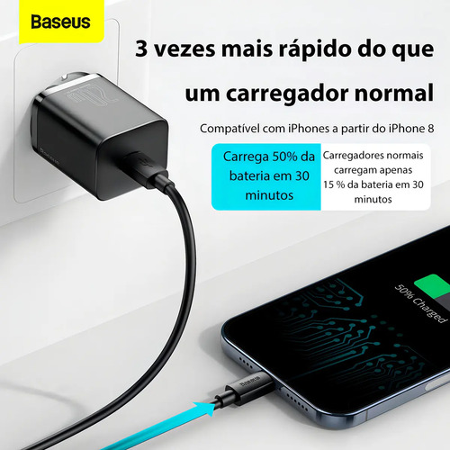 Carregador Turbo Baseus 20w Com Cabo Para iPhone 14 Cor Preto