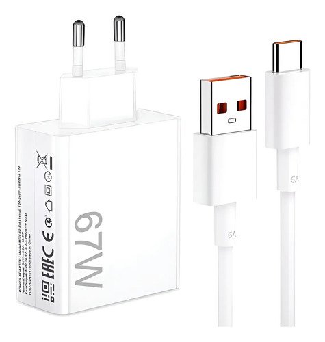 Carregador turbo usb c 67w fonte cabo branco