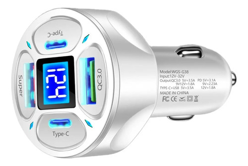 Carregador Veicular 4 Usb Com Voltímetro Acendedor Cigarro