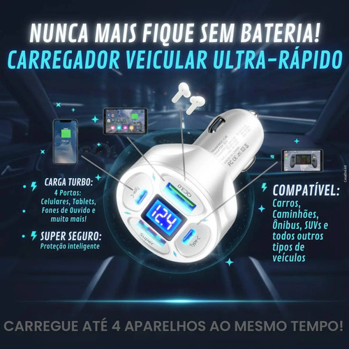 Carregador Veicular 4 Usb Com Voltímetro Acendedor Cigarro