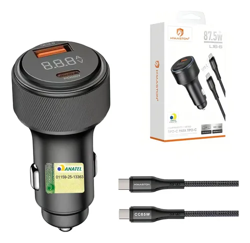 Carregador Veicular 87.5w Usb Com Cabo Tipo-c E Display Led