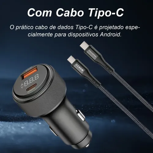 Carregador Veicular 87.5w Usb Com Cabo Tipo-c E Display Led