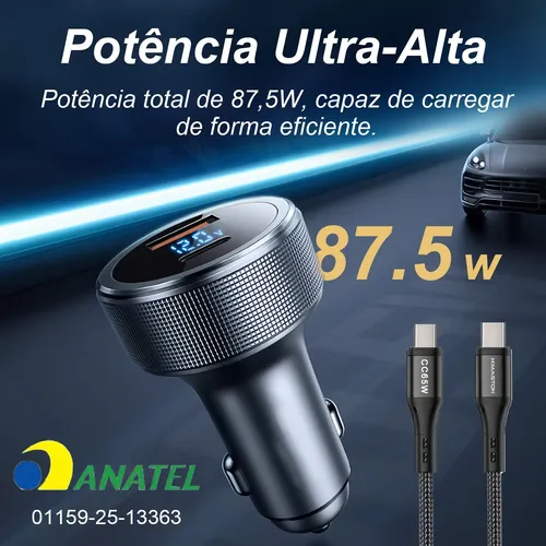 Carregador Veicular 87.5w Usb Com Cabo Tipo-c E Display Led