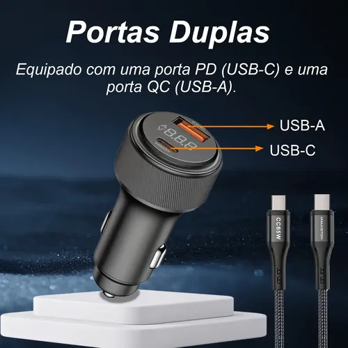 Carregador Veicular 87.5w Usb Com Cabo Tipo-c E Display Led