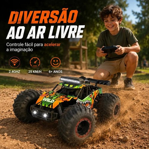Carrinho Controle Remoto 2.4Ghz Off Road Monster Truck Alta Velocidade 25km/h Resistente Super Rápido Recarregavel Com 2 Baterias Kizumba