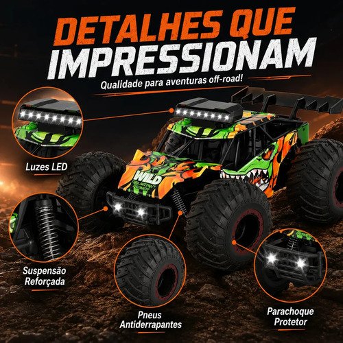 Carrinho Controle Remoto 2.4Ghz Off Road Monster Truck Alta Velocidade 25km/h Resistente Super Rápido Recarregavel Com 2 Baterias Kizumba