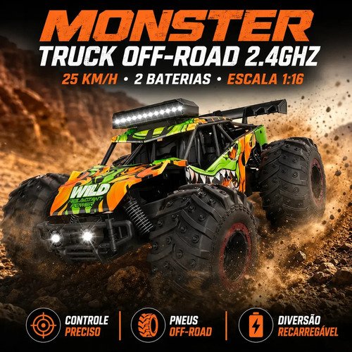 Carrinho Controle Remoto 2.4Ghz Off Road Monster Truck Alta Velocidade 25km/h Resistente Super Rápido Recarregavel Com 2 Baterias Kizumba