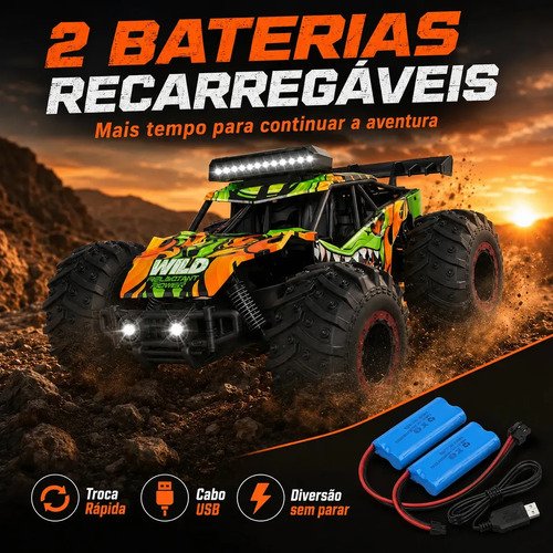 Carrinho Controle Remoto 2.4Ghz Off Road Monster Truck Alta Velocidade 25km/h Resistente Super Rápido Recarregavel Com 2 Baterias Kizumba