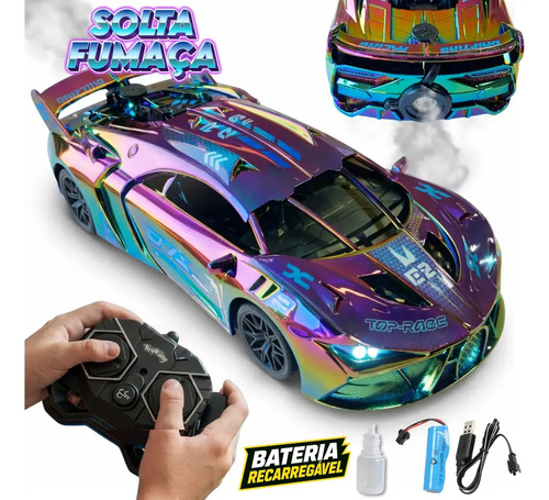 Carrinho controle remoto recarregavel grande solta fumaca lu