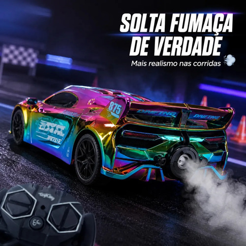 Carrinho Controle Remoto Recarregável Grande Solta Fumaça Luzes Farol Esportivo Cor Metalizado Led Drift Hyper Atacarejo Kids