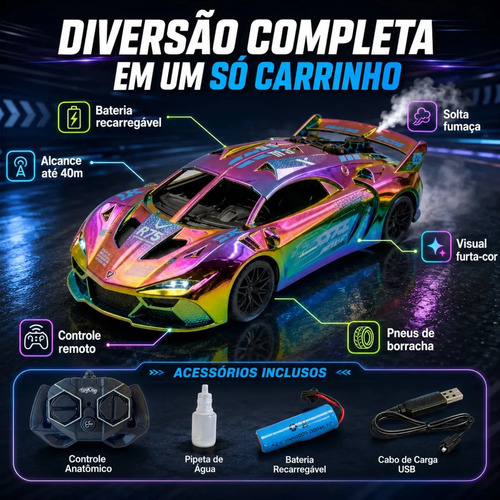 Carrinho Controle Remoto Recarregável Grande Solta Fumaça Luzes Farol Esportivo Cor Metalizado Led Drift Hyper Atacarejo Kids