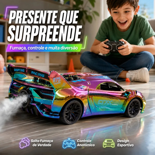 Carrinho Controle Remoto Recarregável Grande Solta Fumaça Luzes Farol Esportivo Cor Metalizado Led Drift Hyper Atacarejo Kids