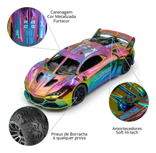 Carrinho Controle Remoto Recarregável Grande Solta Fumaça Luzes Farol Esportivo Cor Metalizado Led Drift Hyper Atacarejo Kids