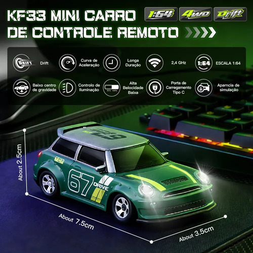 Carrinho de Controle Remoto JCMO Mini Drift 1:64 4x4, Recarregável Com Luz LED