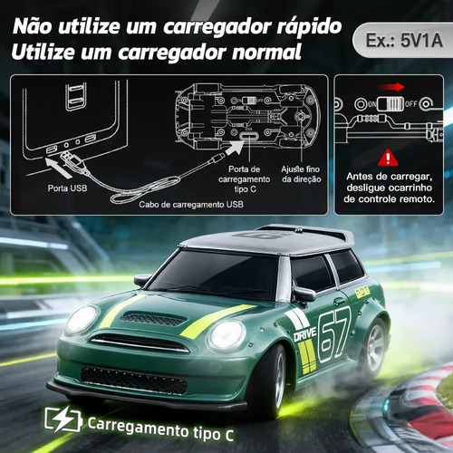 Carrinho de Controle Remoto JCMO Mini Drift 1:64 4x4, Recarregável Com Luz LED
