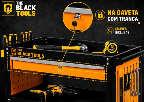 Carrinho Ferramentas Para 400kg Oficina Mecânico Organizador Preto/laranja The Black Tools