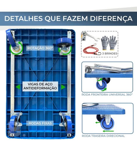 Carrinho Plataforma De Carga 4 Rodas Com Rolamento Dobrável Reforçado 300kg Boden Cor Azul