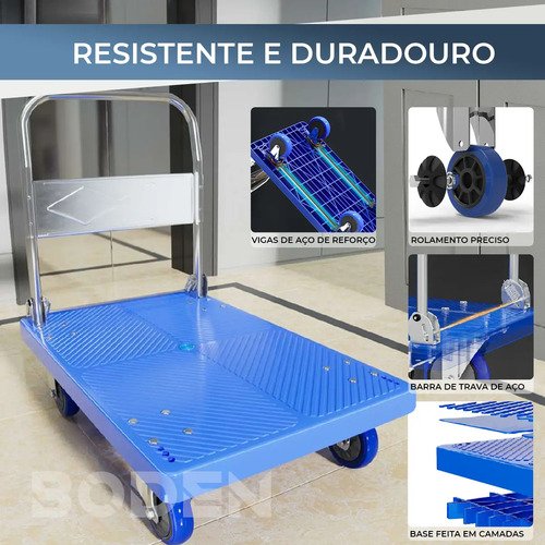 Carrinho Plataforma De Carga 4 Rodas Com Rolamento Dobrável Reforçado 300kg Boden Cor Azul