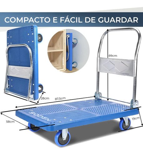 Carrinho Plataforma De Carga 4 Rodas Com Rolamento Dobrável Reforçado 300kg Boden Cor Azul