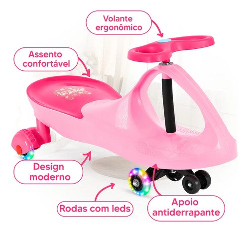 Carrinho Rolimã Car Drift Infantil Volante Gira 360° Triciclo Com Roda Led Colorido Cor Rosa JustFun Brinquedos