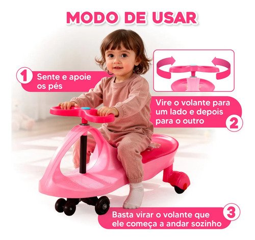 Carrinho Rolimã Car Drift Infantil Volante Gira 360° Triciclo Com Roda Led Colorido Cor Rosa JustFun Brinquedos