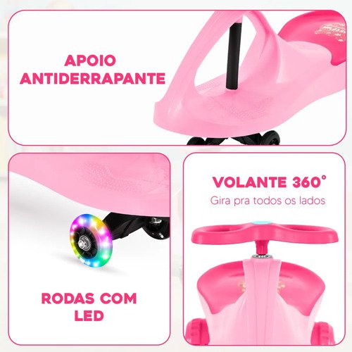 Carrinho Rolimã Car Drift Infantil Volante Gira 360° Triciclo Com Roda Led Colorido Cor Rosa JustFun Brinquedos