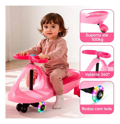 Carrinho Rolimã Car Drift Infantil Volante Gira 360° Triciclo Com Roda Led Colorido Cor Rosa JustFun Brinquedos