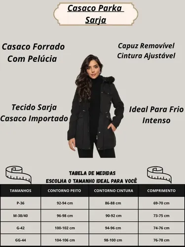 Casaco Feminino Parka De Sarja Sobretudo Forrado Com Pelúcia