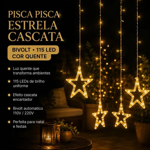 Cascata De Natal Estrelas Bivolt 110 Leds Com 8 Funções