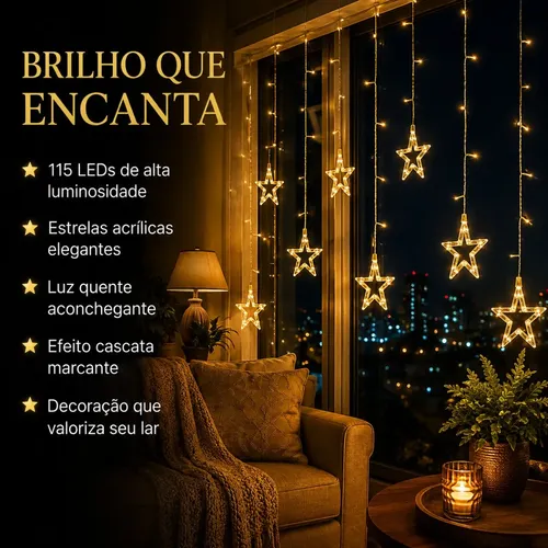 Cascata De Natal Estrelas Bivolt 110 Leds Com 8 Funções