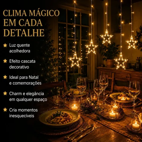 Cascata De Natal Estrelas Bivolt 110 Leds Com 8 Funções