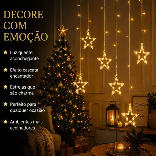 Cascata De Natal Estrelas Bivolt 110 Leds Com 8 Funções