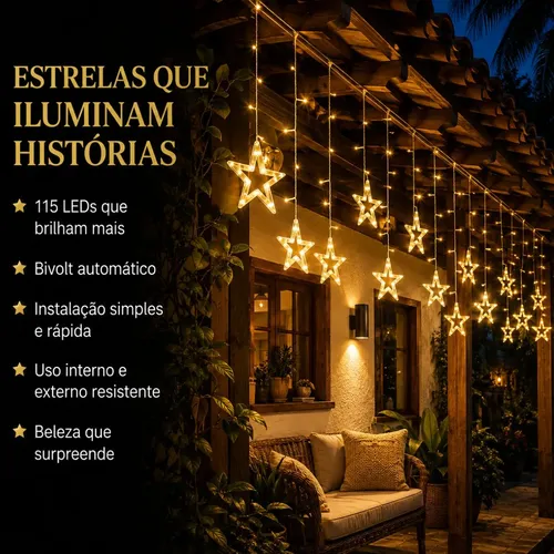 Cascata De Natal Estrelas Bivolt 110 Leds Com 8 Funções
